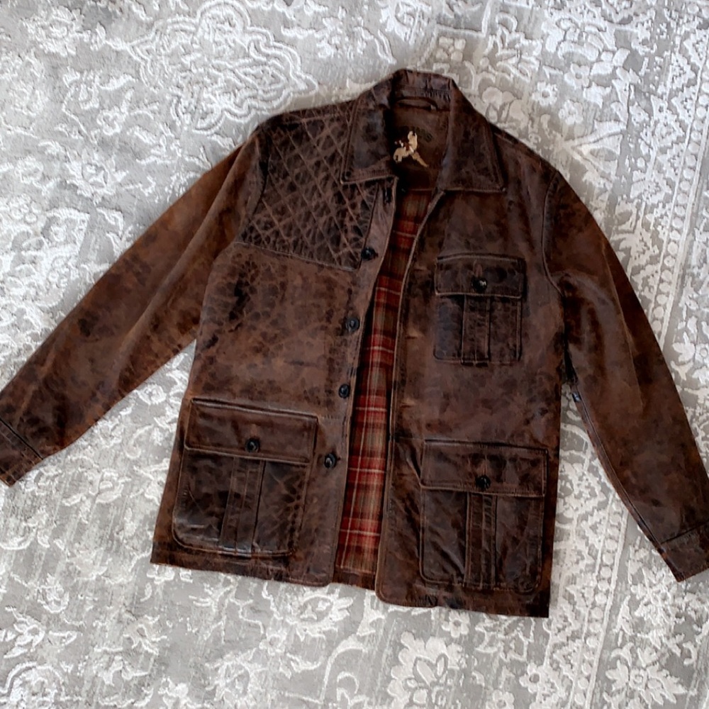 Orvis Brown Leather Pea Coat with Plaid Lining